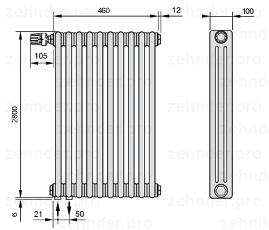 Схема (чертеж) Радиатор Zehnder Charleston 3280/10 №V001 Белый глянцевый RAL 9016